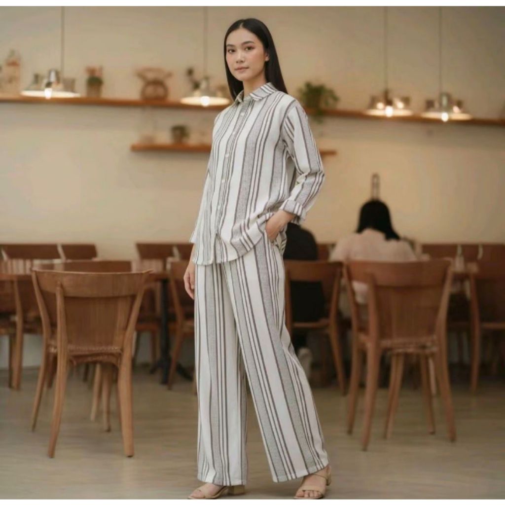 MAFILOOKS Mecca One Set Stripe Salur Lengan Celana Panjang Wanita Bahan Premium