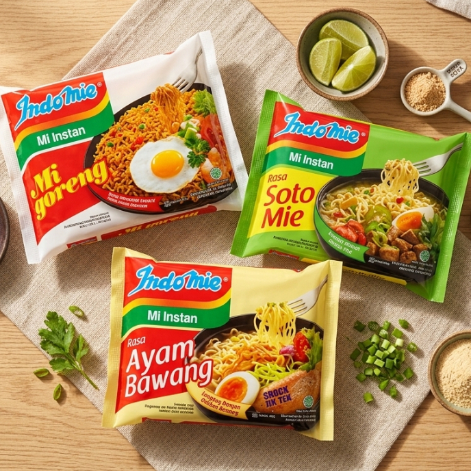 Indomie Goreng,  Ayam Bawang,  Rasa Soto,  Ayam Spesial