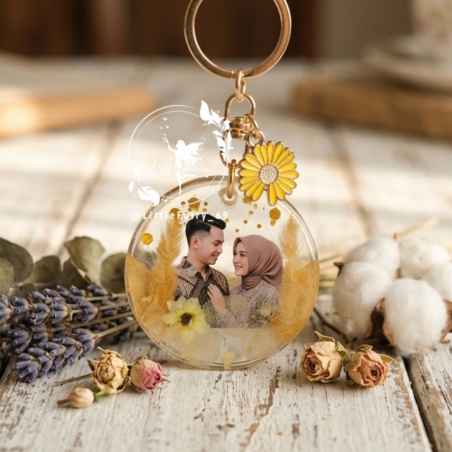 Gantungan Kunci Resin Bulat Custom Foto / Keychain Resin Foto / Ganci Bunga Kering Dried Flower