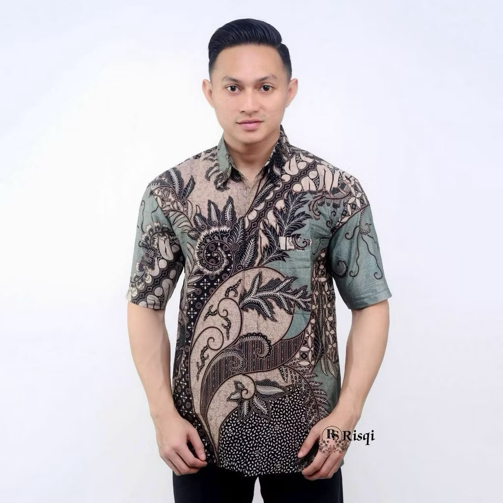 Kemeja Batik Pria Lengan Pendek Warna Hijau Sage SIZE M L XL XXL