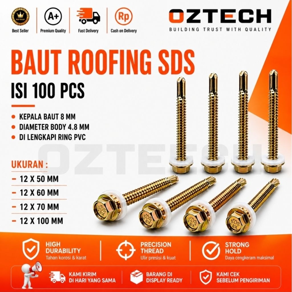 Baut roofing baut baja ringan baut sds skrup baja 50mm,60mm, 70mm,100mm kunci baut 8mm