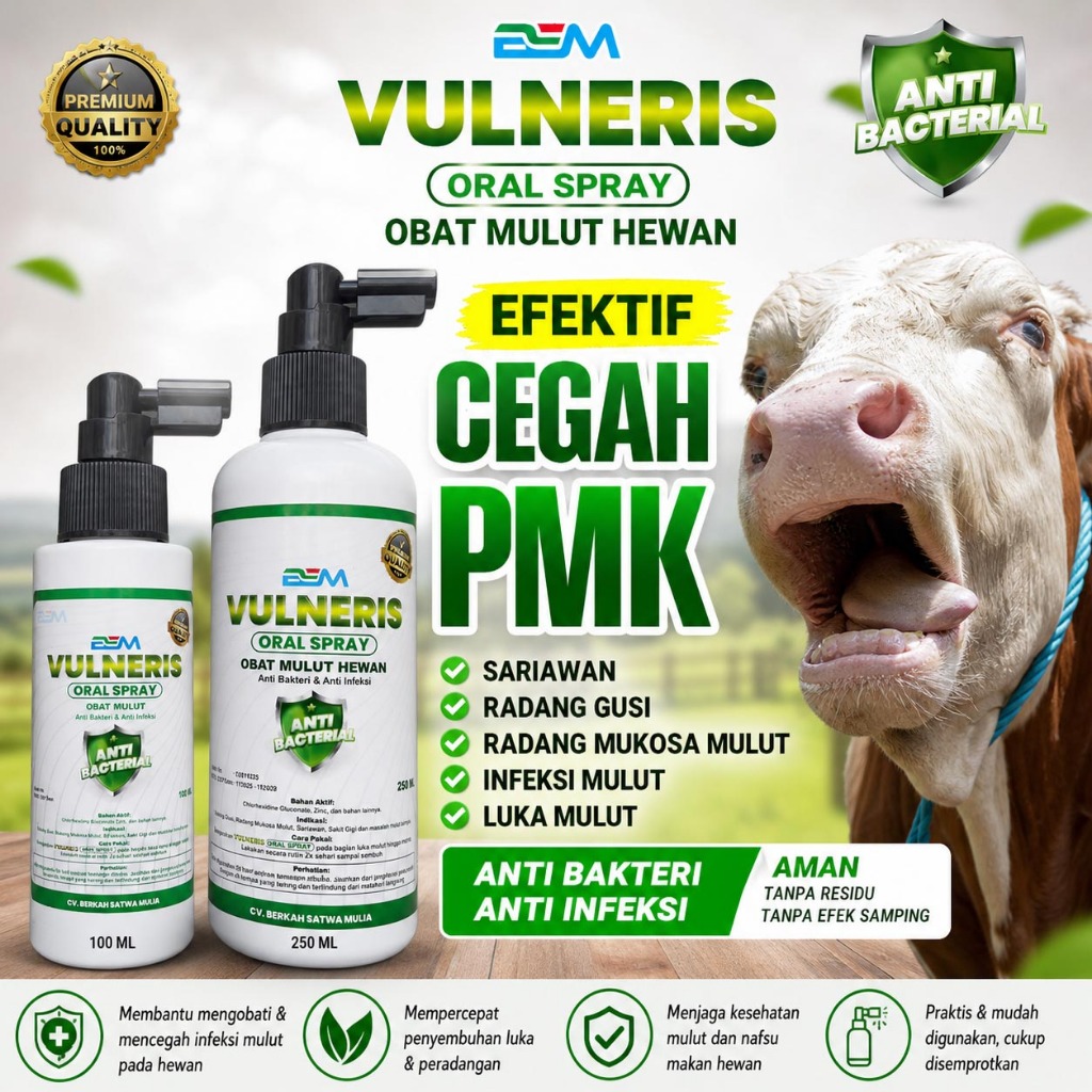 Vulneris Oral Spray - Obat Mulut Hewan Ternak Mengobati Sariawan Luka Gusi Luka Lidah Cegah PMK