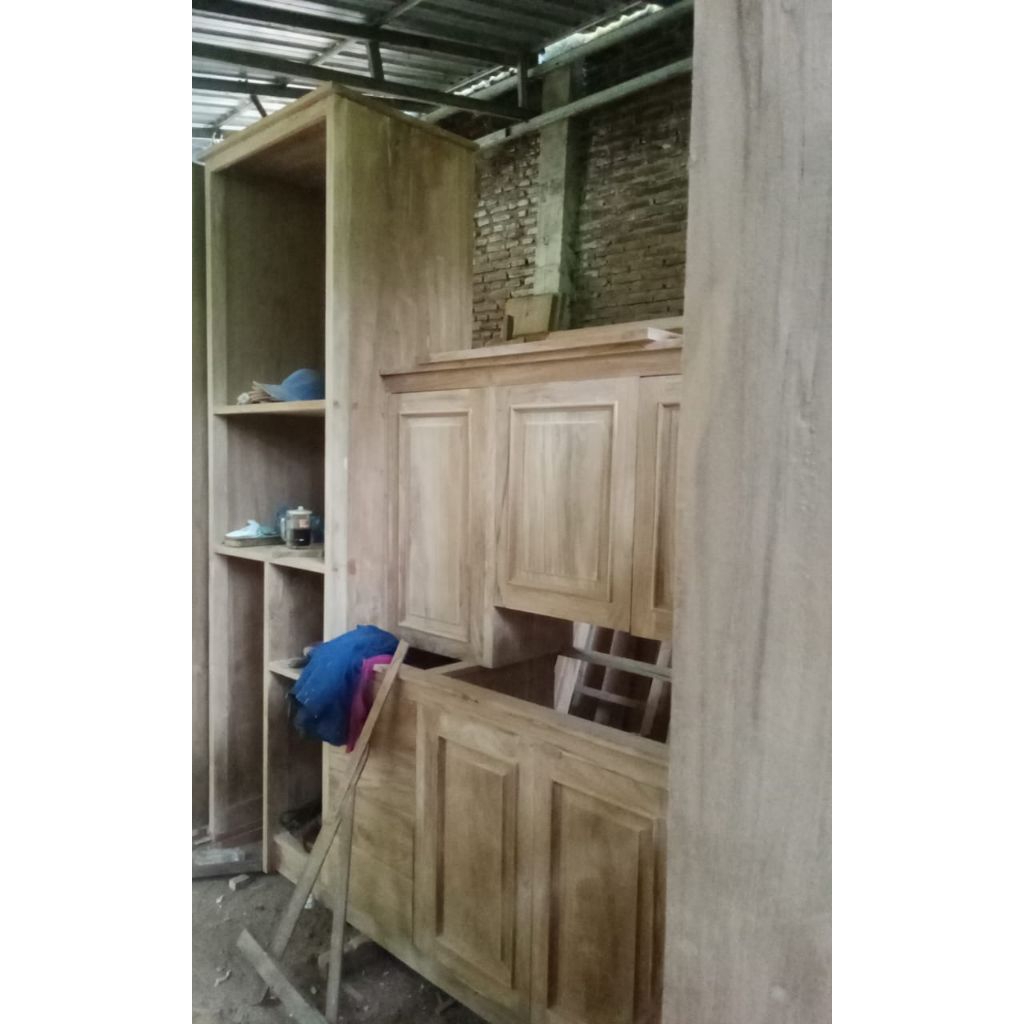KITCHEN SET RAK LEMARI GANTUNG ATAS DAN BAWAH TEMPEL DINDING KAYU JATI ASLI PERHUTANI SERBAGUNA MINI
