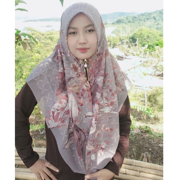 Jilbab Voal Motif Songket Hijab Voal Printing Zipper Sleting