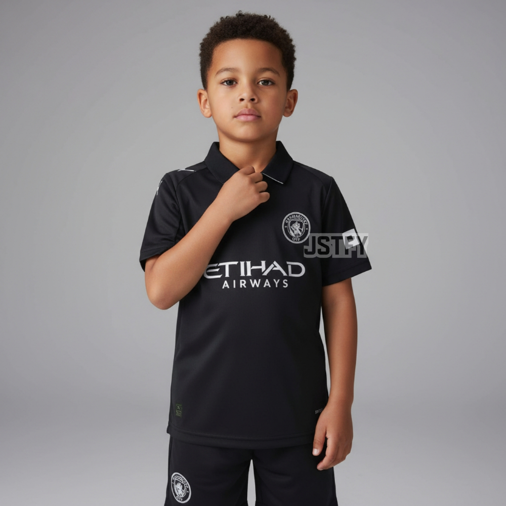 KIDS Jersey Mnchstr Cty Away 2025 2026 Baju Bola Warna Hitam Anak Patch Premier League UCL Custom Na