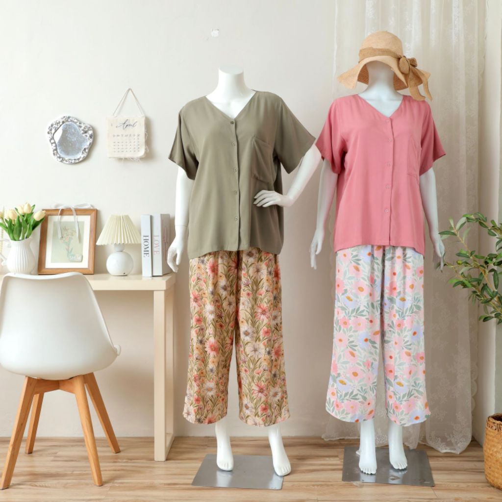 LAURA SET KASUAL ONE SET PIYAMA SETELAN CELANA PANJANG SEMI KULOT SANTAI RUMAHAN RAYON PREMIUM BUSUI