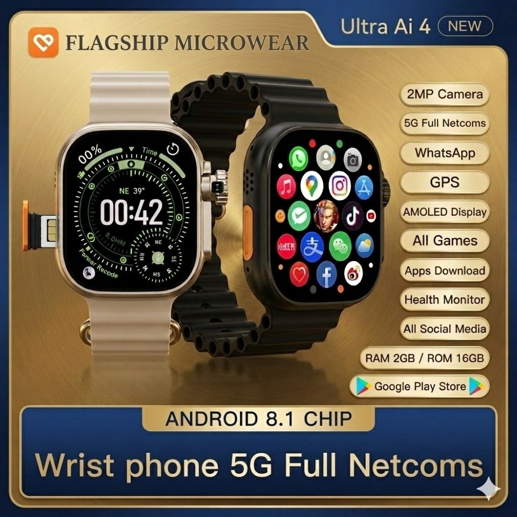 NEW 2026 FLAGSHIP Microwear U4 Ai Smartwatch Android 5G 2+16GB (Wifi / Sim Card / Titanium Case)