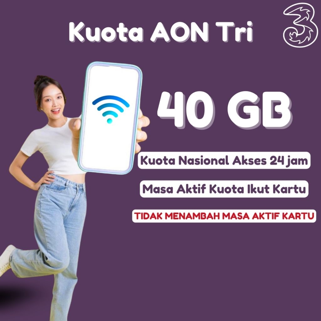 Inject Kuota Aon 40gb / Isi Ulang Kuota Aon 40gb / Paket Data Tri Aon 40 gb