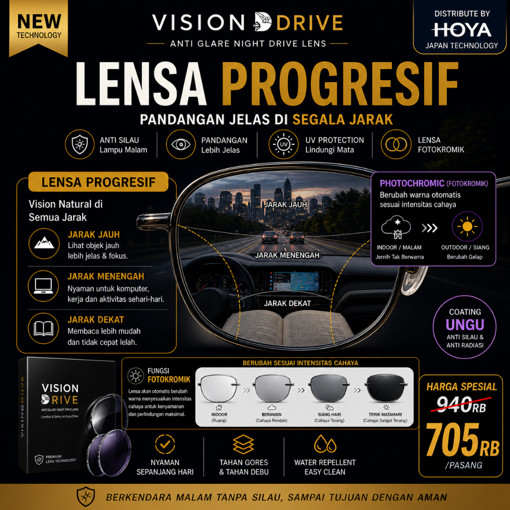 Lensa Progresif Anti Silau Vision Drive Photocromic | Kacamata Minus Plus Add Anti Glare Berkendara 