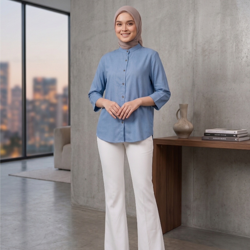 Atasan Wanita Biru Denim Elegan Lengan 3/4 – Blouse Kantoran Bahan Rayon Twill Nyaman