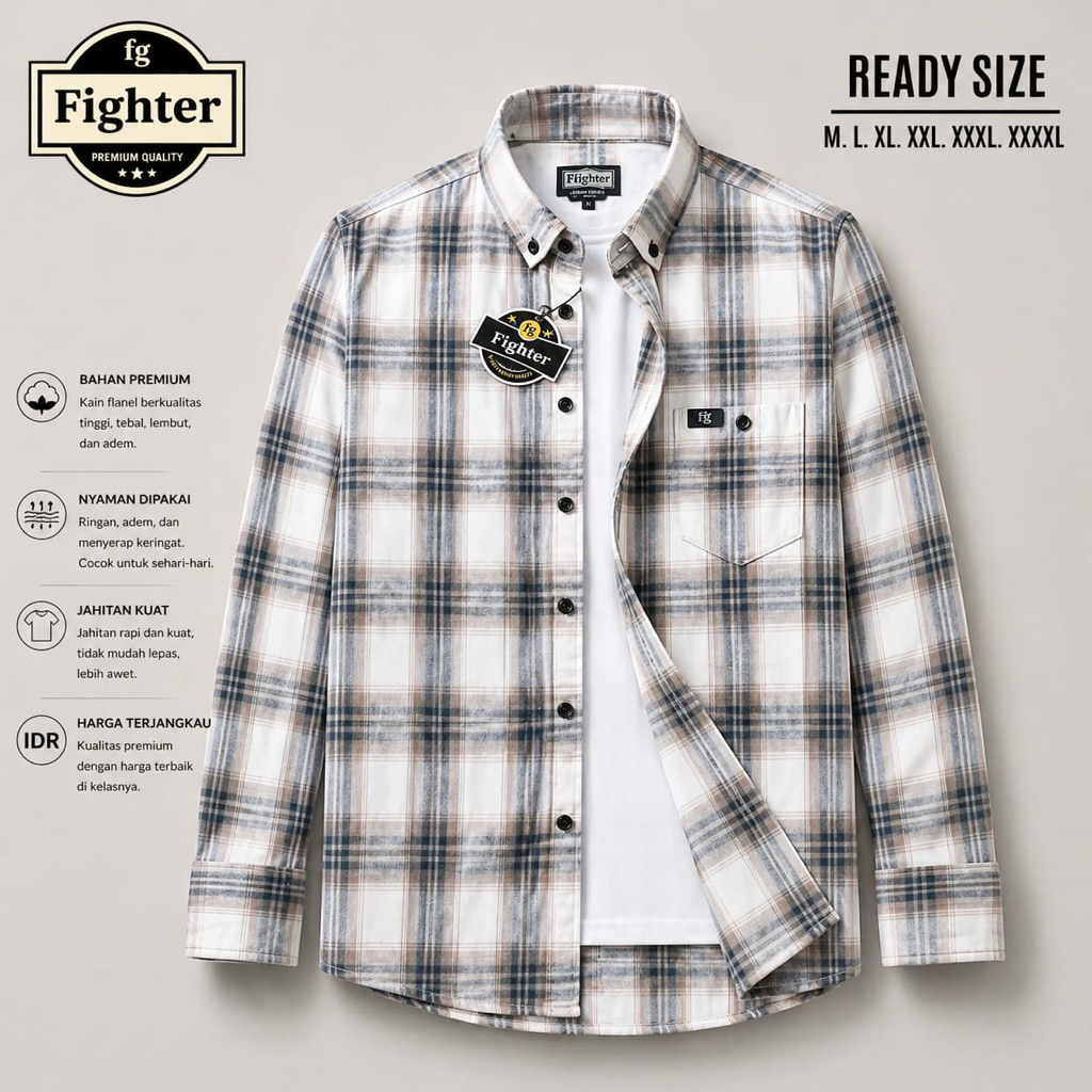 kemeja flanel veterano coklat putih oversize jumbo bahan lembut & tebal