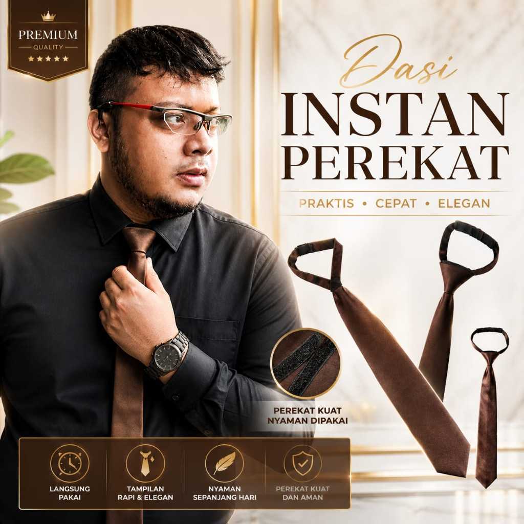 Dasi Coklat Tua Polos Instan Pria