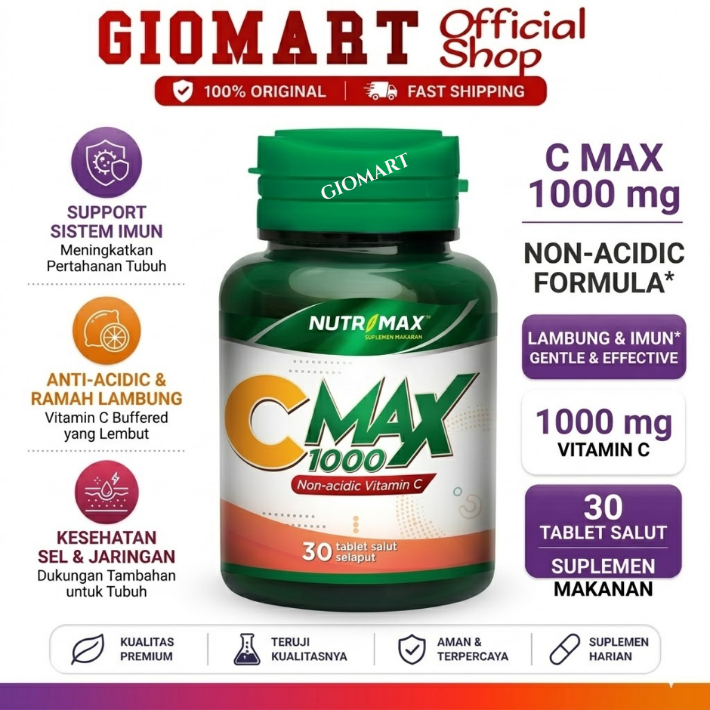 NUTRIMAX C Max 1000 mg Isi 30 Tablet - Vitamin C Non-Acidic Aman di Lambung - Suplemen Daya Tahan Tu