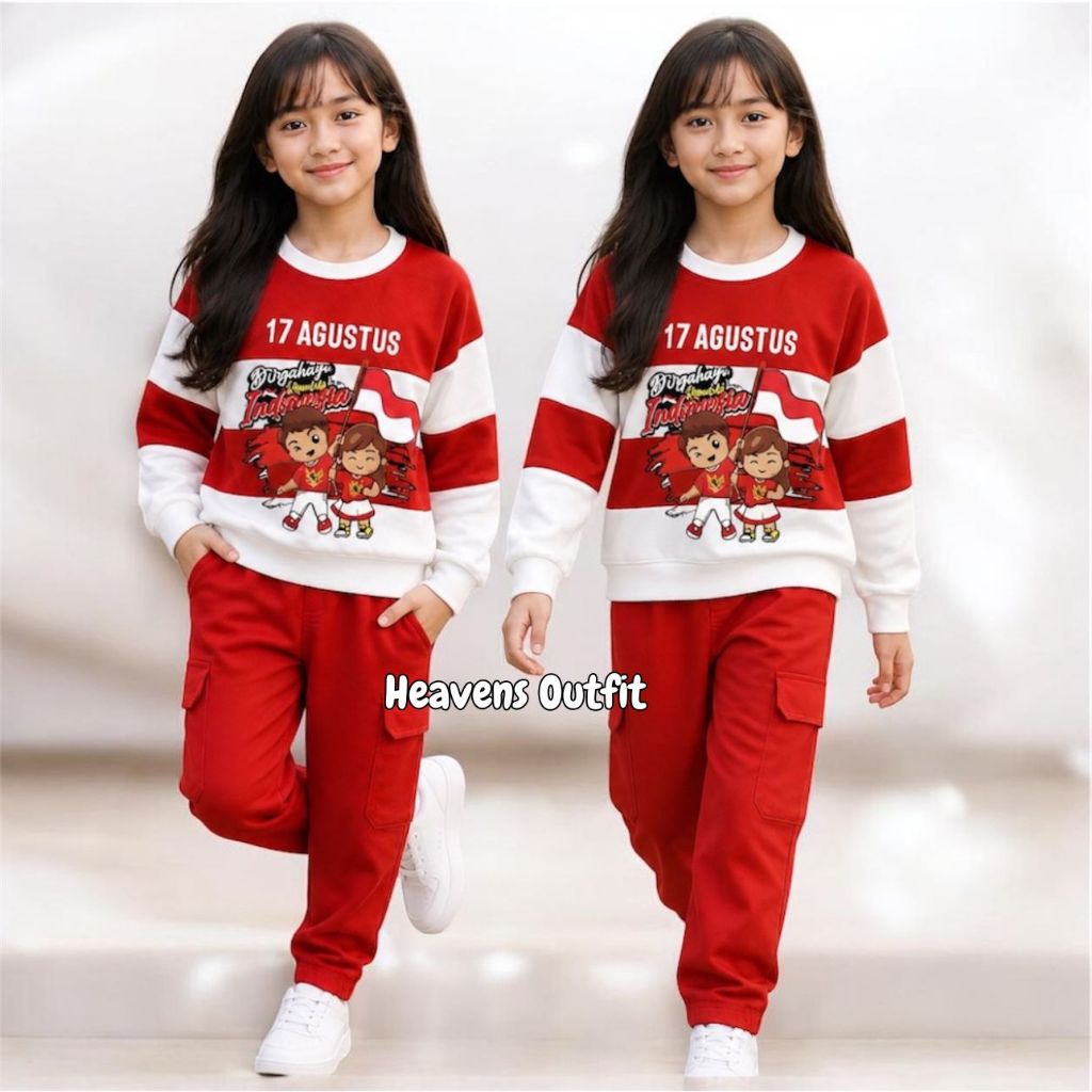 setelan baju anak perempuan mmerdeka, ootd anak bendera, baju anak perempuan panjang usia 3-12 tahun