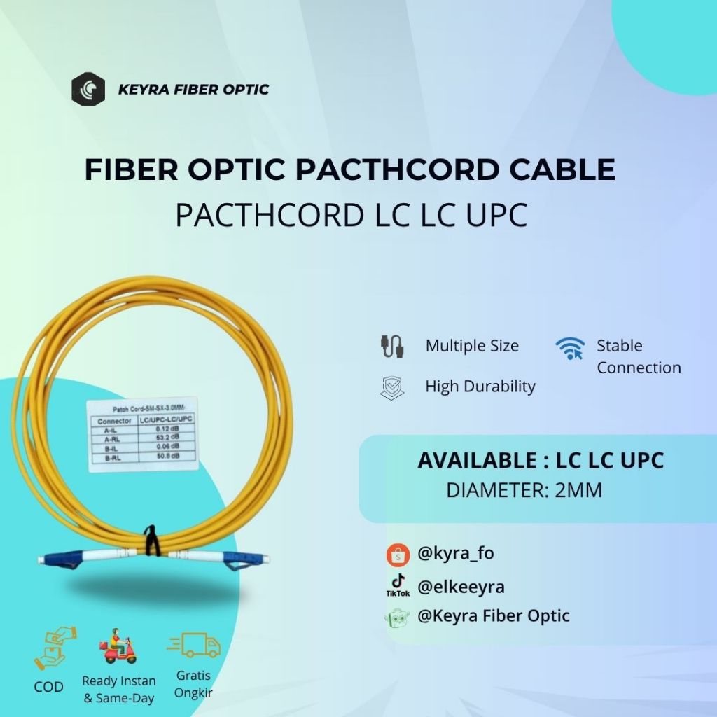PATCHCORD LC UPC TO LC UPC 3 METER 2MM//FIBER OPTIC CABLE PACTHCORD LC LC UPC 3 METER 2 MM SM