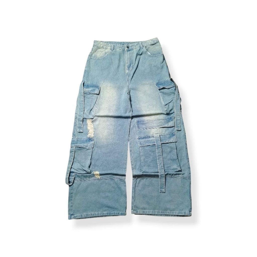 "Unbrand" Baggy Cargo Jeans Multipocket Blue Washed