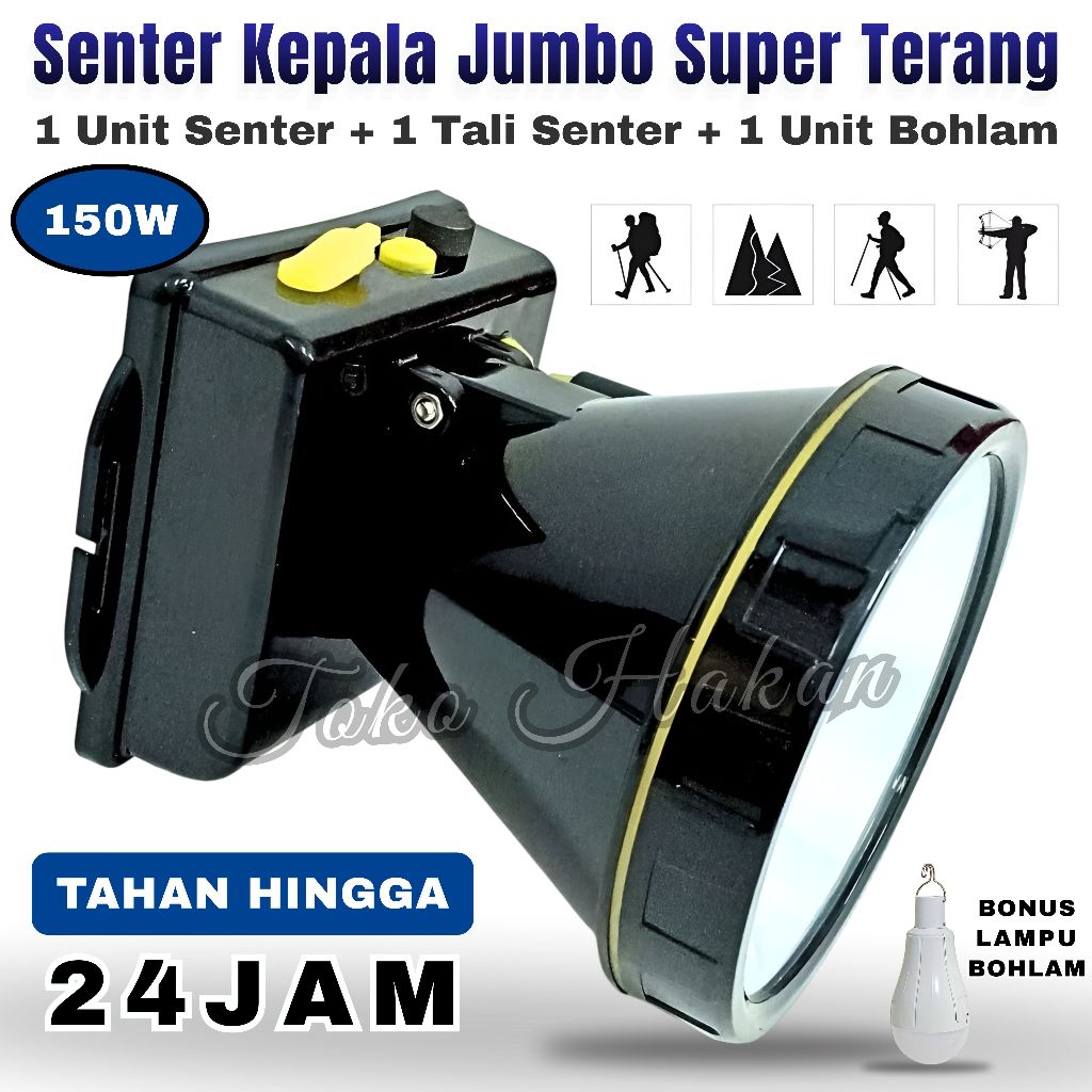 Senter Kepala 150 Watt Bonus Lampu Bohlam LED Emergency - Headlamp KISEKI CK-N393S 150 WATT Baterai 