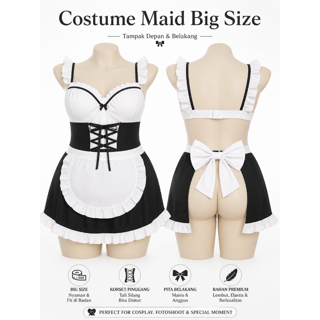 Lingerie Sexy Cosplay Maid Big Size XL Jumbo, Lingery Seksi Seragam Lingery Setelan Baju Dinas Hot T