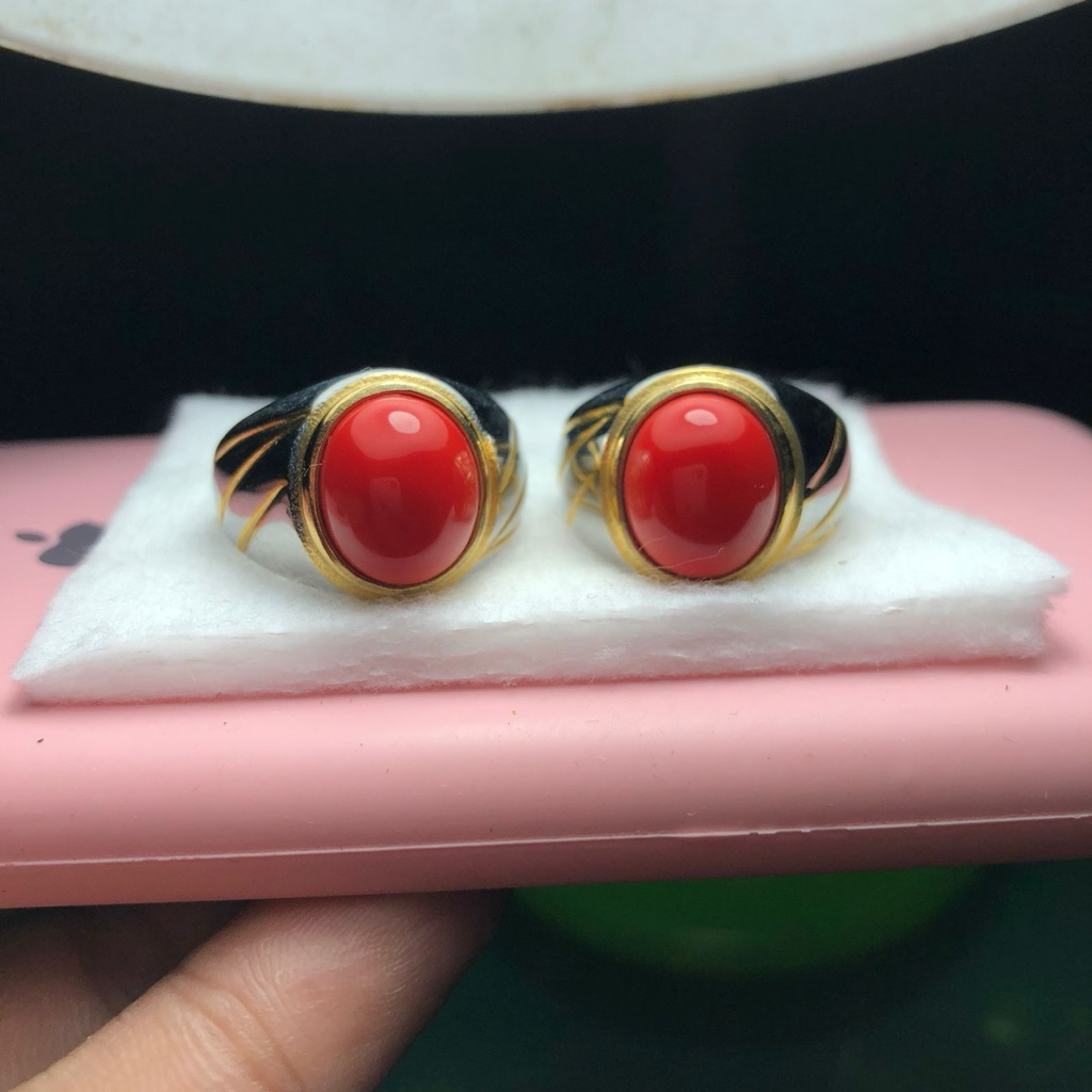Cincin Batu Marjan Sepasang Asli Mekkah Atau Marjan Laut Merah Asli warna orange Merah