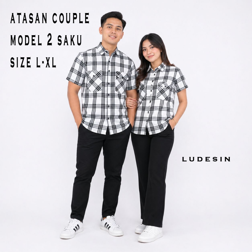 atasan couple pasangan pria wanita lengan pendek bahan catton premium motif kotak kotak model 2 saku