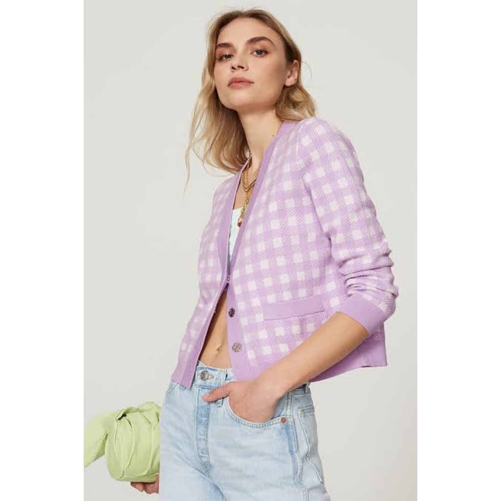 MAJE Parma Violet Checked Jacquard Knit Cardigan NEW