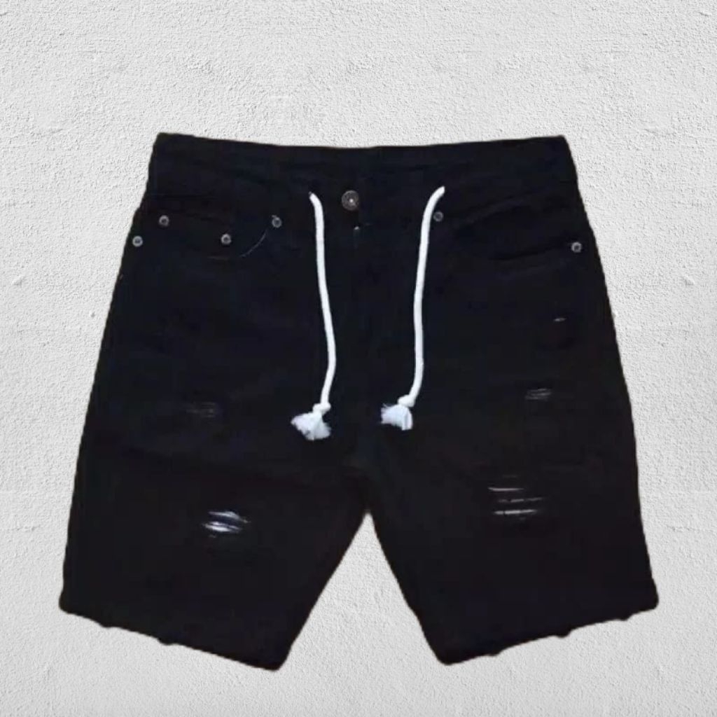 CELANA PENDEK JEANS PRIA RIP HITAM PEKAT / CELANA PENDEK SOBEK PRIA SOBEK LUTUT TALI PINGGANG