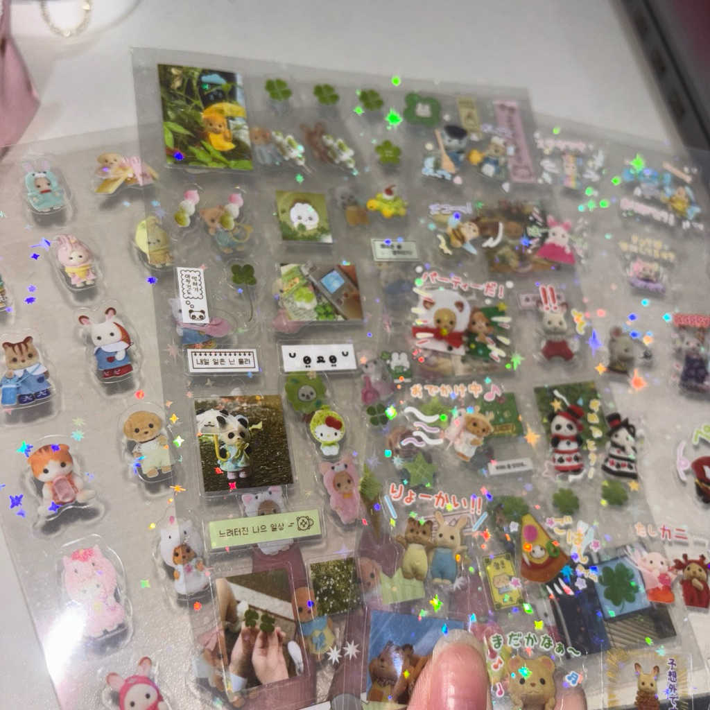 sticker sheet aesthetic deco sylvanian journal pink blue brown musical note strawberry glitter angel