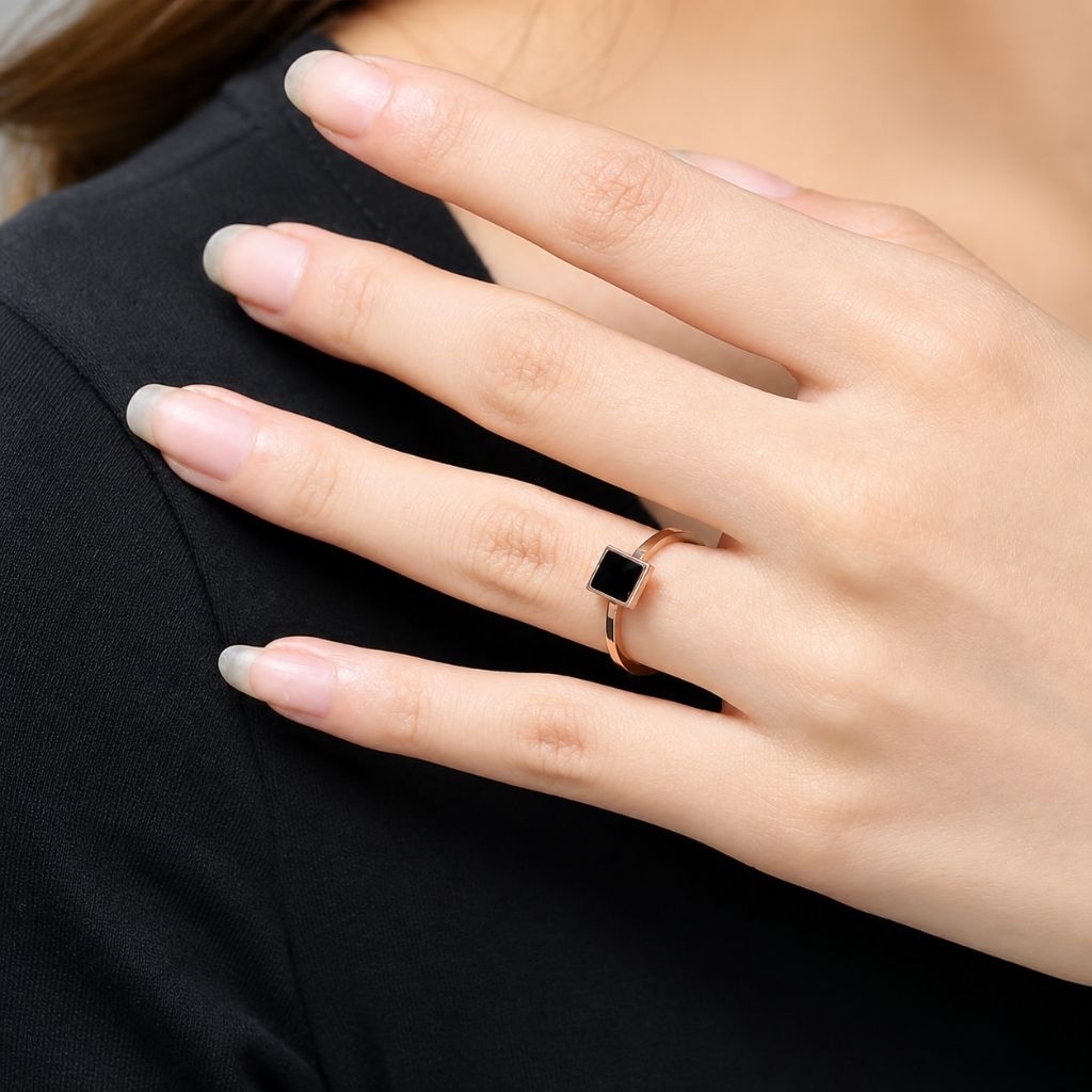 Cincin Titanium Wanita Minimalis Kotak Hitam Anti Karat Rose Gold Korean Ring