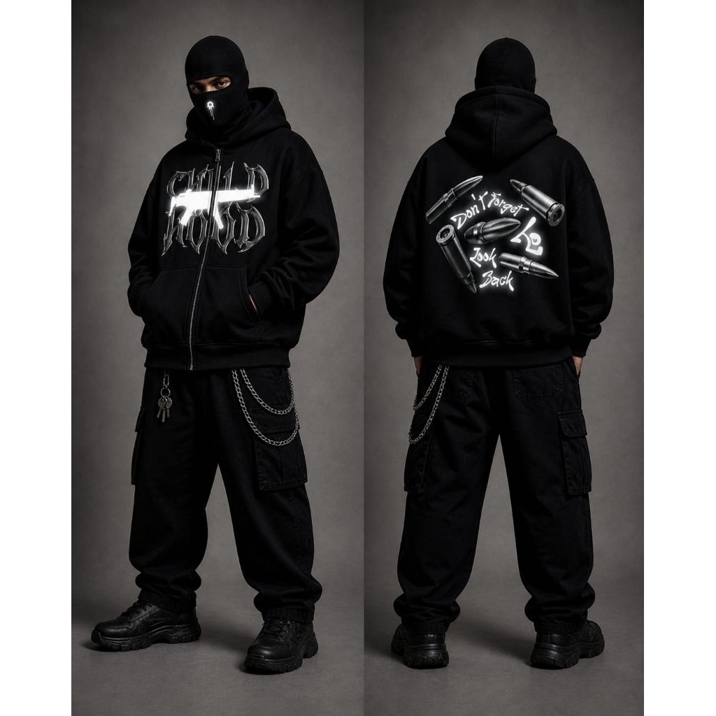 CHILDHOOD Hoodie Balaclava Zipper Reflektif Sablon Frenemy Jaket Boxy Hitam Pria Wanita