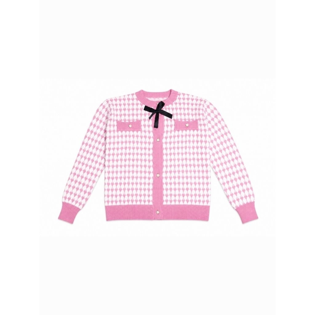 Cardigan Rajut Wanita Pink dan Hitam Motif Diamond + Pita | Sweater Korean Style Cute Aesthetic Oute