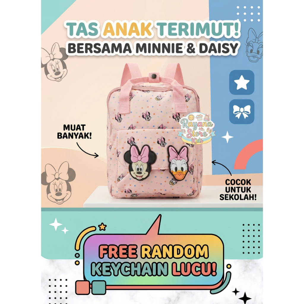 Tas Ransel Anak Perempuan Sekolah TK PAUD SD Karakter Minnie Mouse & Daisy Duck Pink - Tas Jalan Jal