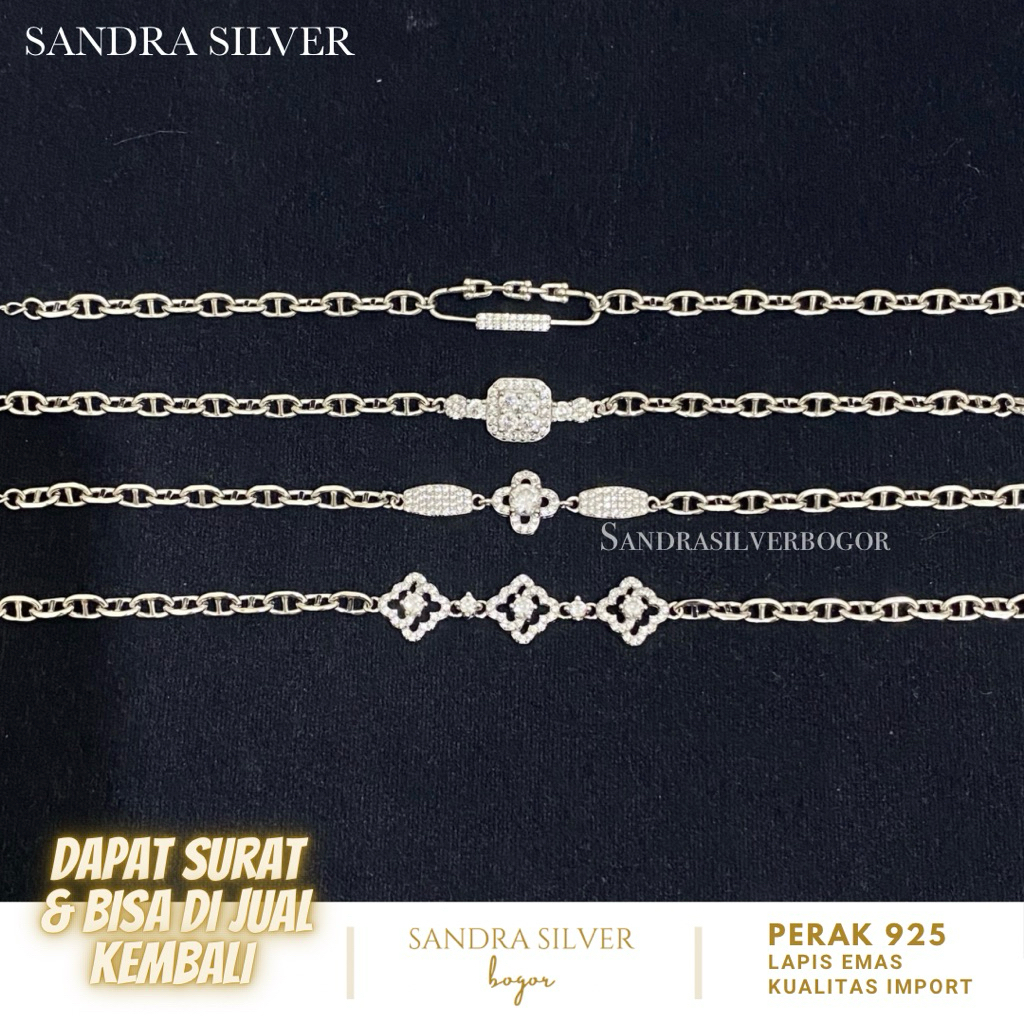 Gelang Perak 925 permata variasi rantai CD lapis emas putih