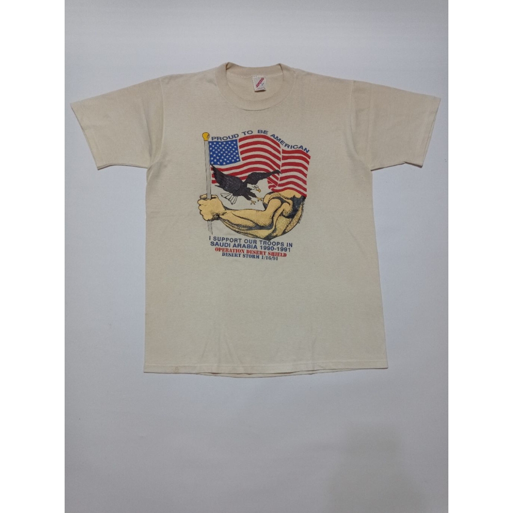 Kaos Vintage 90s Operation Desert Shield ©1990 By Jerzees Warna Cream Size L Second Brand Jerzees