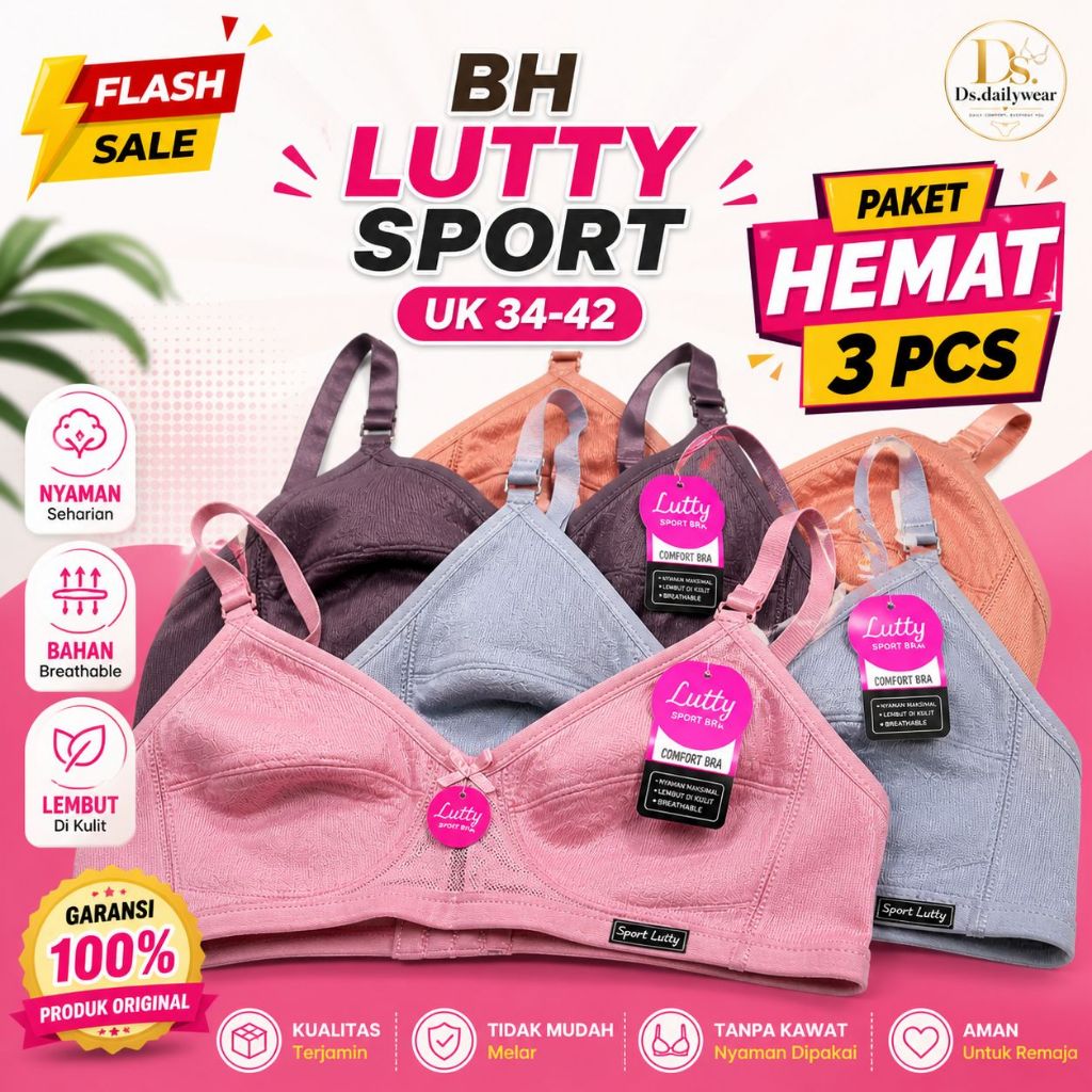 (PAKET 3 PCS) BH LUTTY SPORT ORIGINAL CUP BESAR TANPA KAWAT & BUSA/BRA WANITA UK 34 36 38 40 42