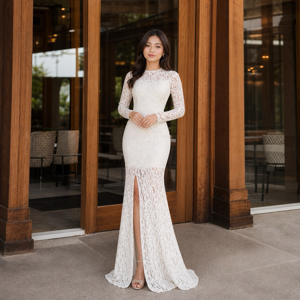 Chiobushop - ((Yumia)) Dress Prewedding Brokat Mermaid Long Dress Wanita Elegan Lengan Panjang Fisht
