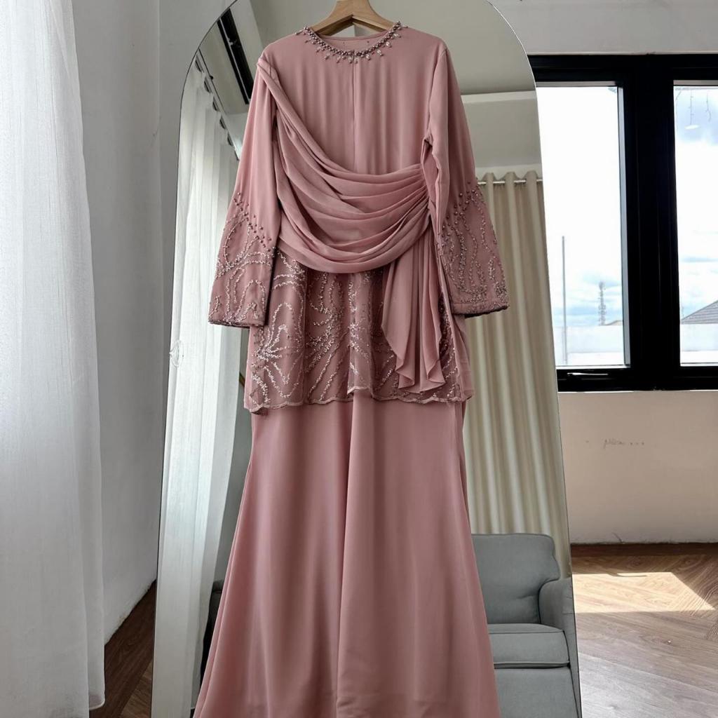 Viral Baju Kurung Malaysia Warna Burgundy Bahan Ceruty Mix Brokat Anzura Dress Gamis Kondangan