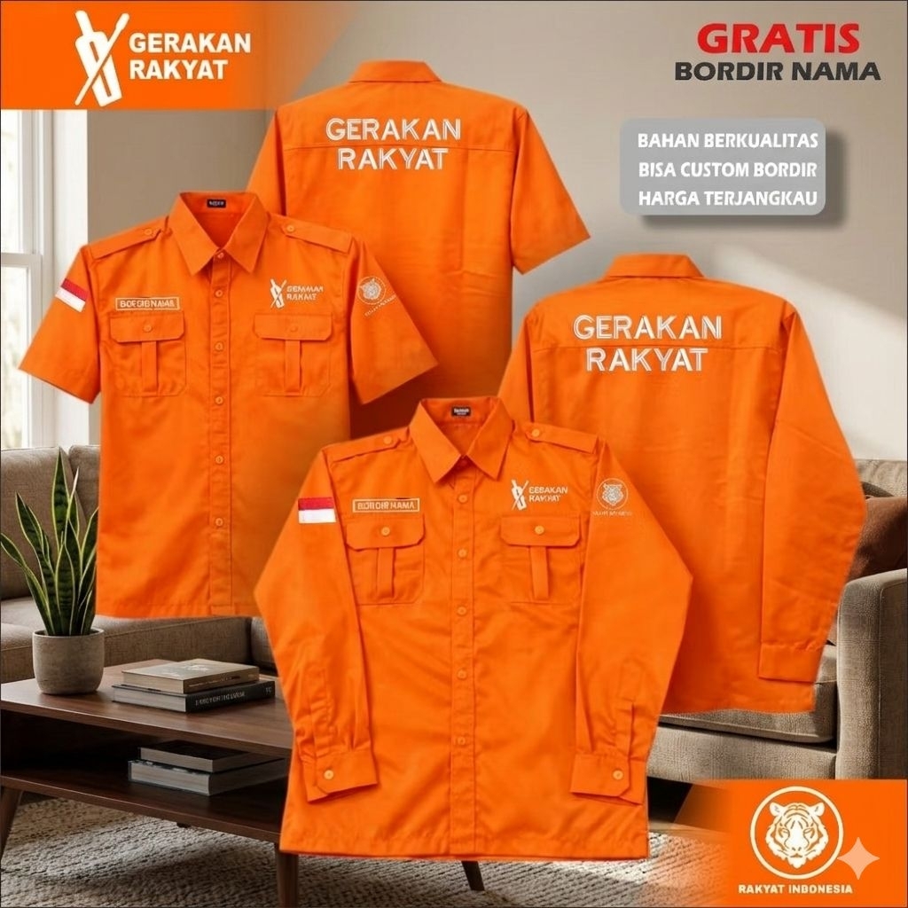 kemeja ormas gerakan rakyat baju pdh gerakan rakyat free bordir nama oren