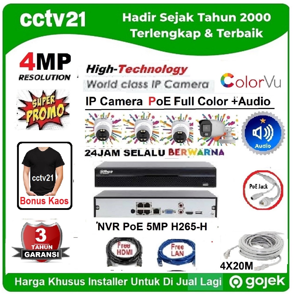 Promo / Paket Lengkap 4 IP Camera Poe Colorvu+Audio 4MP High Tech+NVR Poe 4Ch 24 Jam Tetap Warna dal