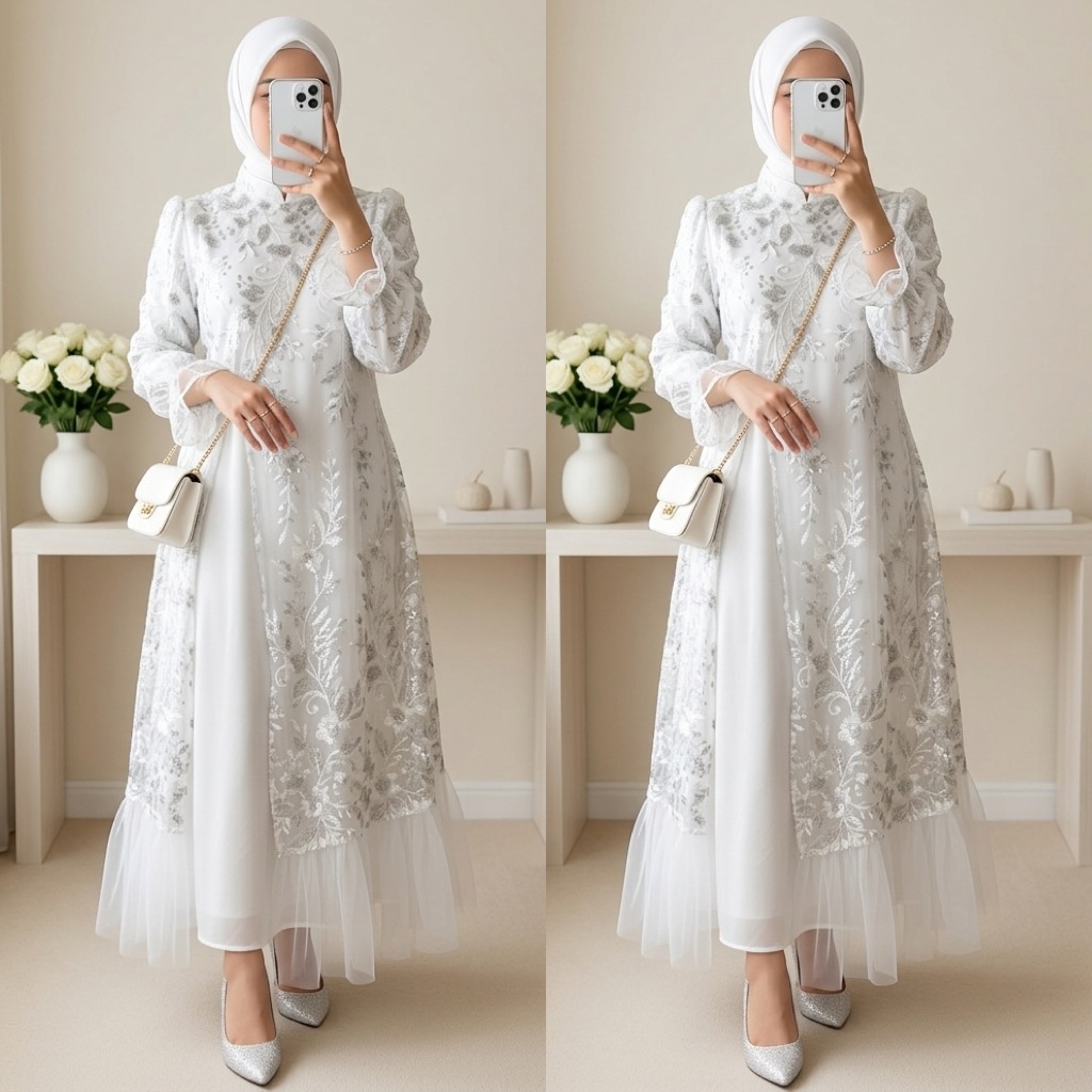 Gamis Putih Tile Payet Bordir Kombinasi Tile Tutu Baju Muslim Vima 71461