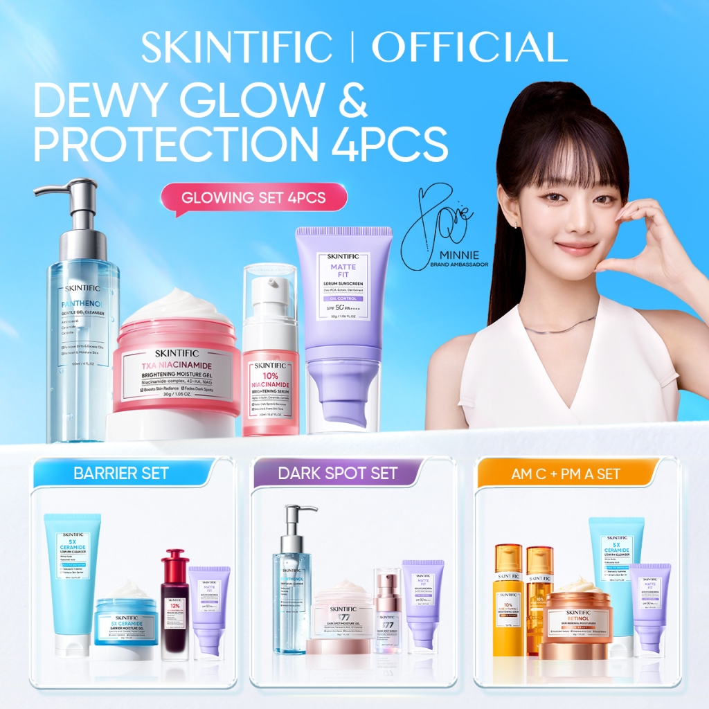 SKINTIFIC - Dewy Glow & Protection 4Pcs Set | Serum Wajah Moisturizer Gel Toner Clay Mask Day Night 