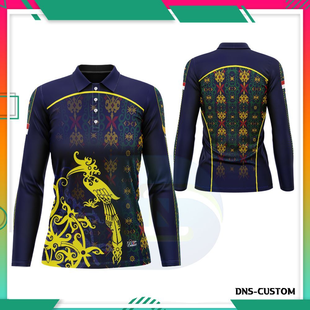Kaos Polo Dayak Wanita Motif Enggang/Baju Batik Dayak Kalimantan Lengan Panjang