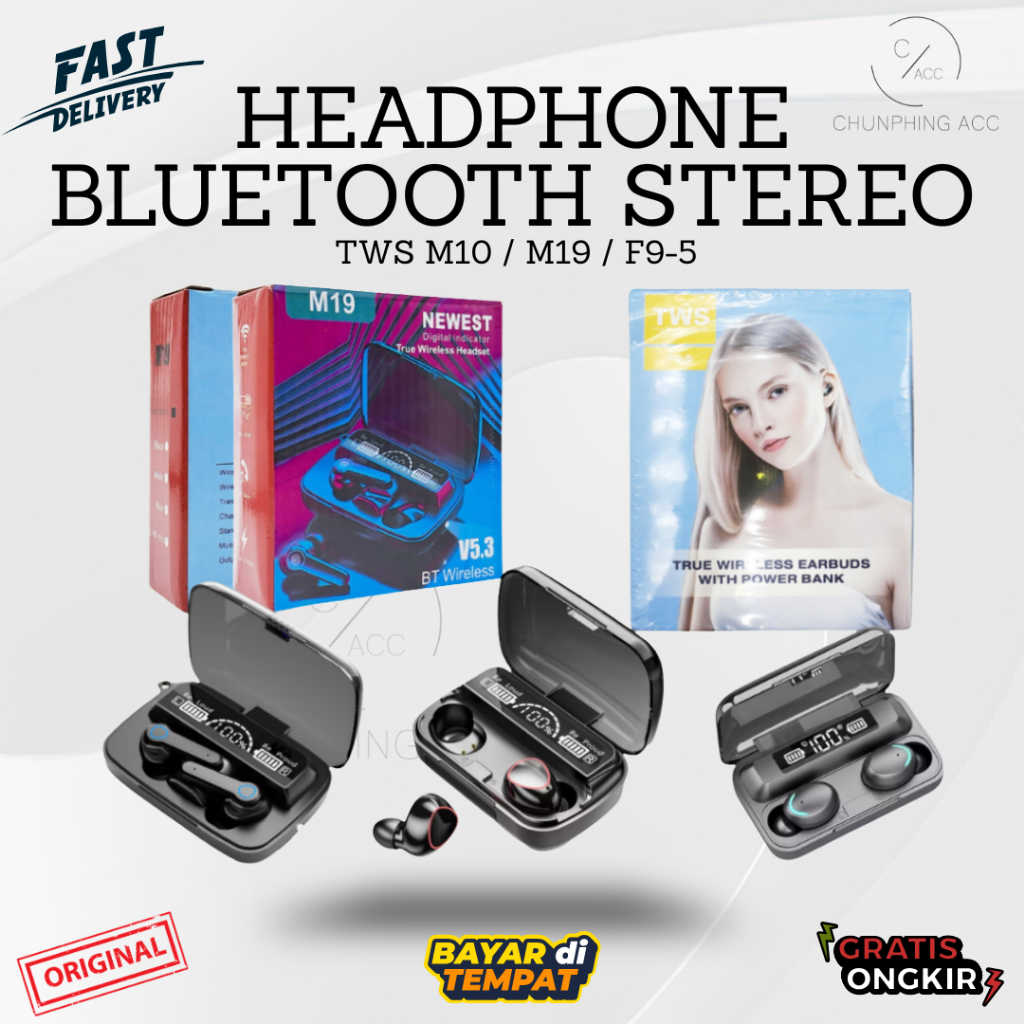 HANDSFREE TWS M19 / SPORT M10 / F9-5+ EARPHONE BLUETOOTH WIRELESS M19 TWS LED HEADSET BLUETOOTH 5.1 