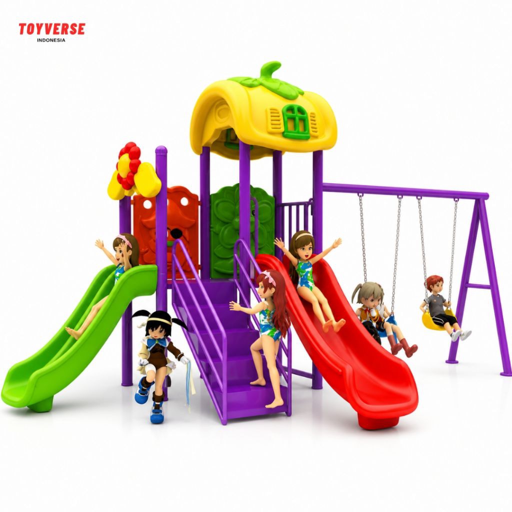 ​Playground Outdoor Karakter Rumah Jamur Set Perosotan Ayunan Ganda Mainan Edukasi Anak Taman