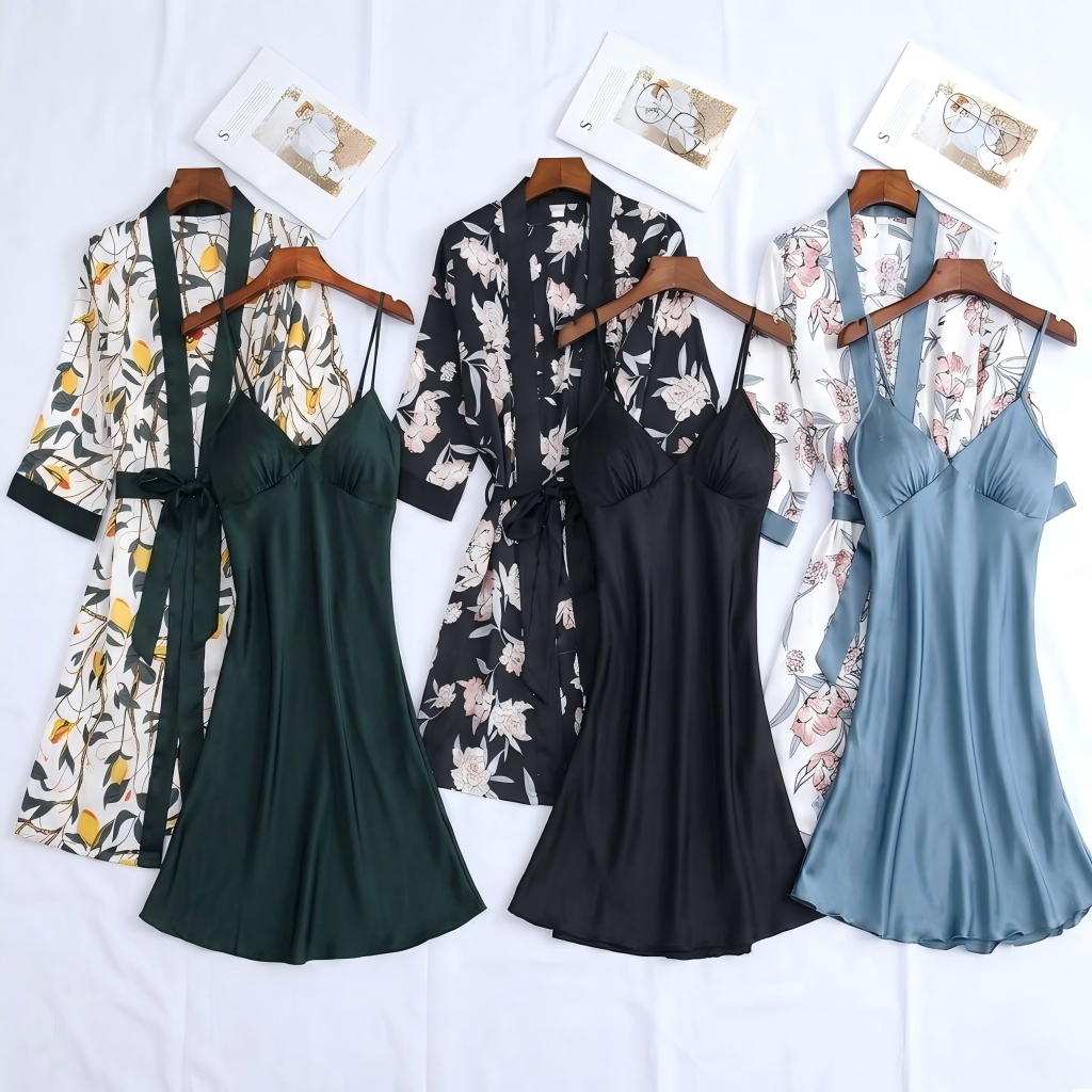 Set Baju Tidur Piyama Seksi Wanita Sutra Es - Setelan Dress Tanktop + Robe Lengan Panjang,One Set Wa