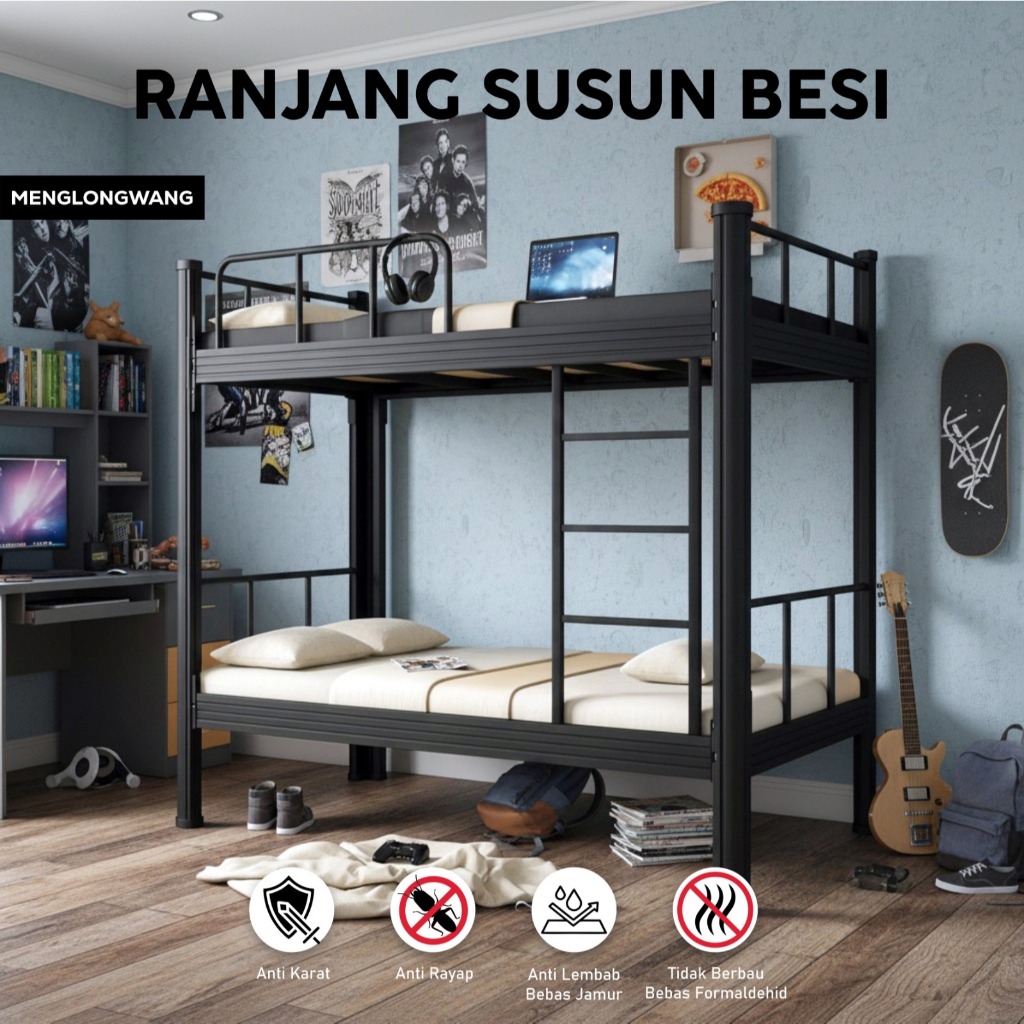 Ranjang Susun Besi Kokoh - Dipan Kasur Tingkat Minimalis Untuk Kamar Anak Kost - MENGLONGWANG