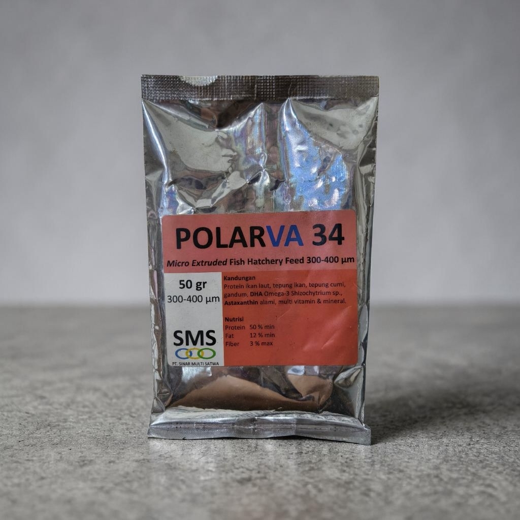Polarva 34 Pakan Larva Benih Ikan lele Nila Patin Gurame ukuran 300-400 mikro 50 Gram