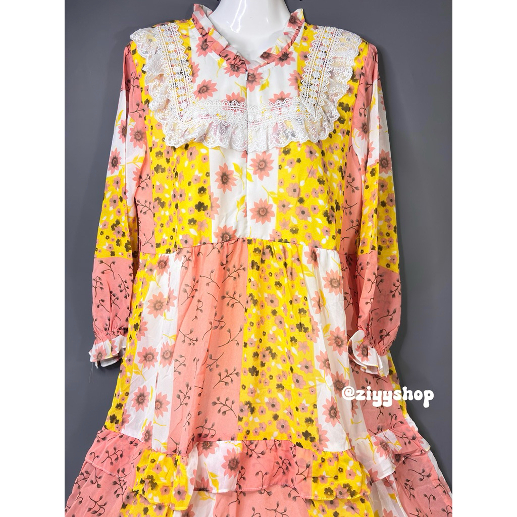 Dress Korean Long Dress Chiffon Floral Bahan Flowly Dress Lebaran Dress Kondangan Dress Busui Gamis 