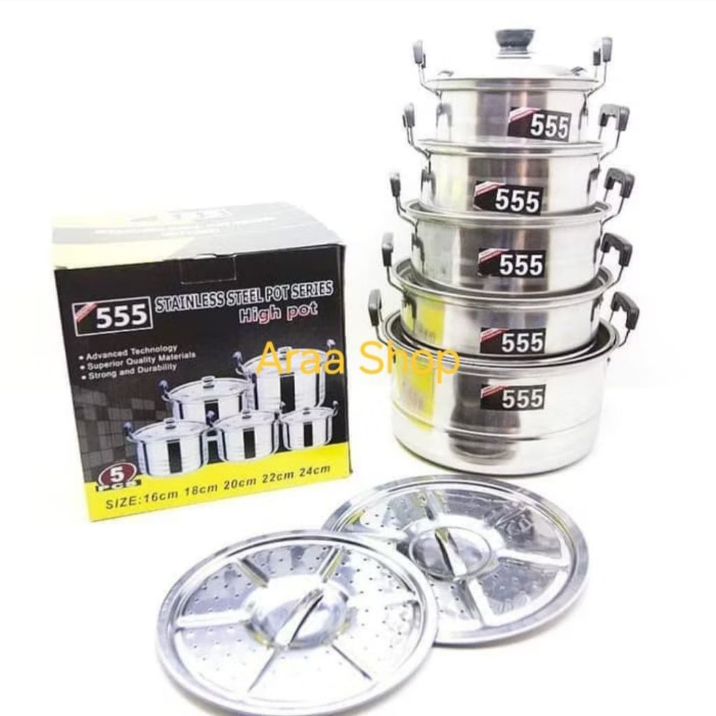 555 Panci Set Stainless Tebal 5 Susun Panci Kukus Set + Sarangan High Pot Stainless Steel