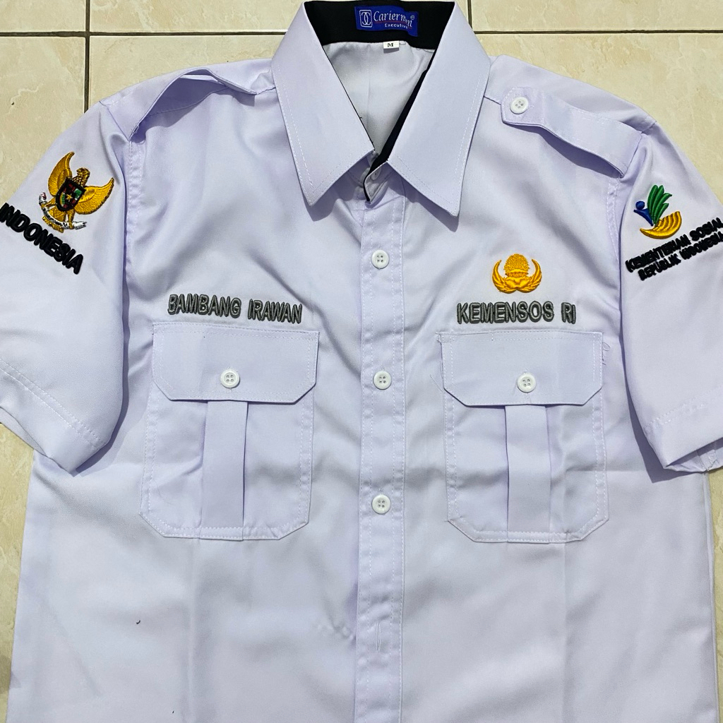 SERAGAM KEMENSOS RI/KEMEJA KEMENSOS RI FULL BORDIR TIMBUL 3D/KEMEJA KEMENSOS RI CUSTOM BORDIR/KEMEJA
