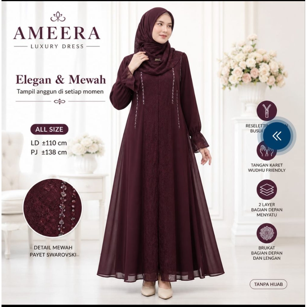 Ameera Luxury Dress Gamis Wanita Elegan A-Line | Ceruty Babydoll Tulle Brukat Busui Friendly Wudhu F